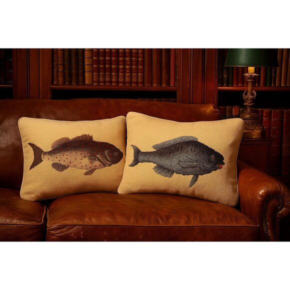 VTG Needlepoint Pillows FISH set of two Handmade - Picture 1 of 8